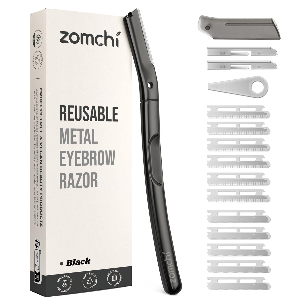 ZOMCHI dermaplaning tool front view showing ergonomic handle and blade for precise control