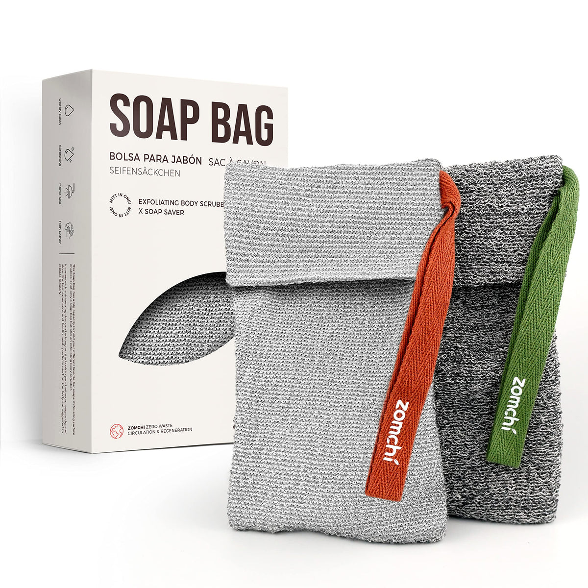 ZOMCHI front view of dual soap pouches showing both textures and benefit of variety