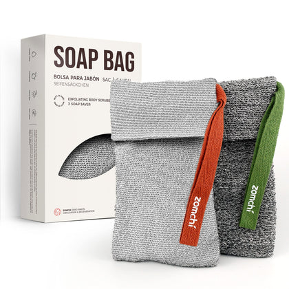 ZOMCHI front view of dual soap pouches showing both textures and benefit of variety