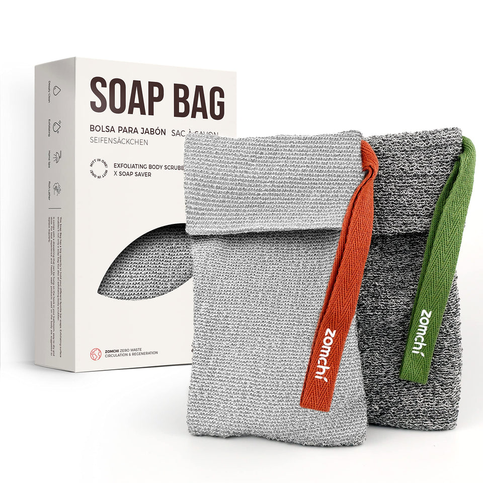 ZOMCHI front view of dual soap pouches showing both textures and benefit of variety