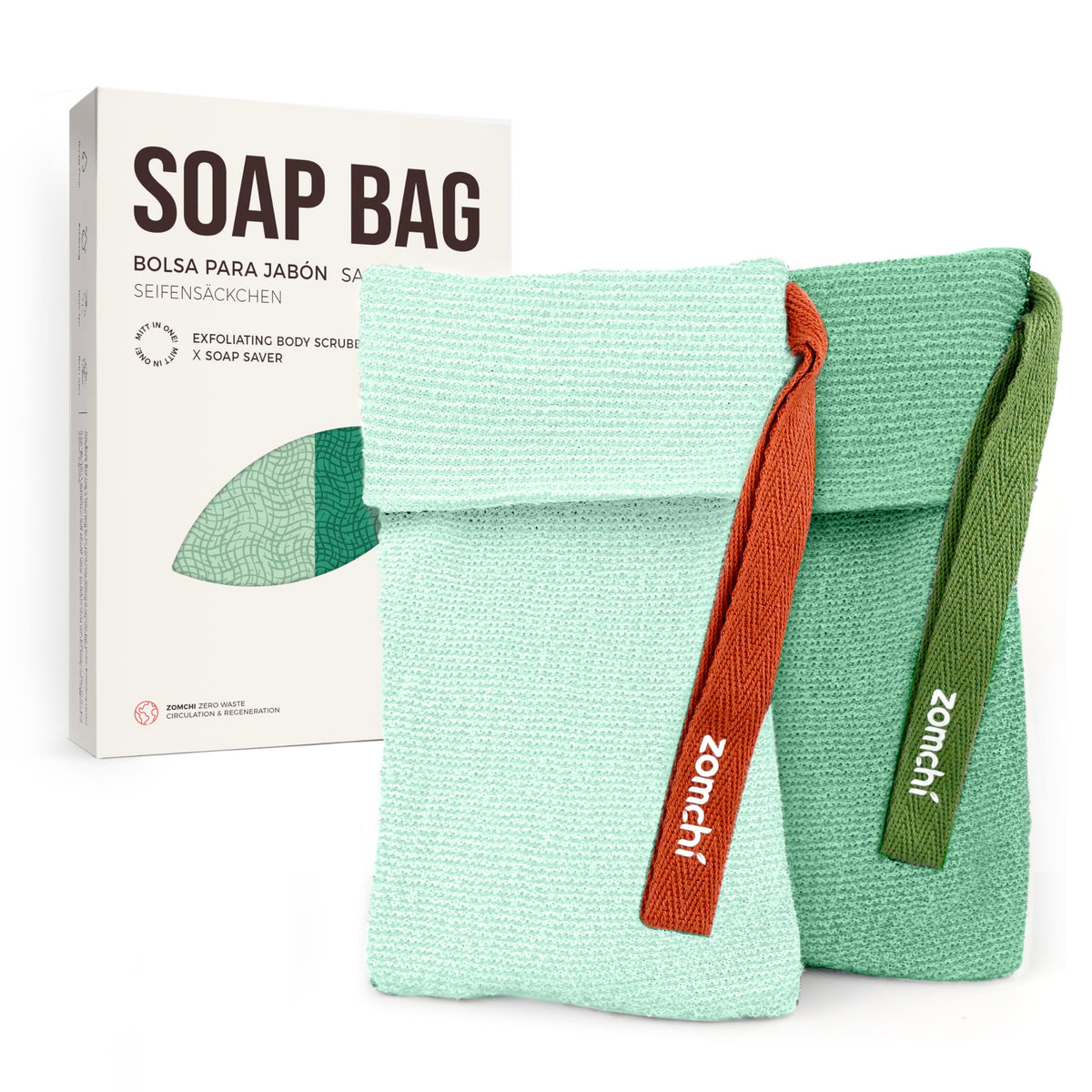 ZOMCHI mint soap bags front view showing dual-pouch set and hanging loop to save soap
