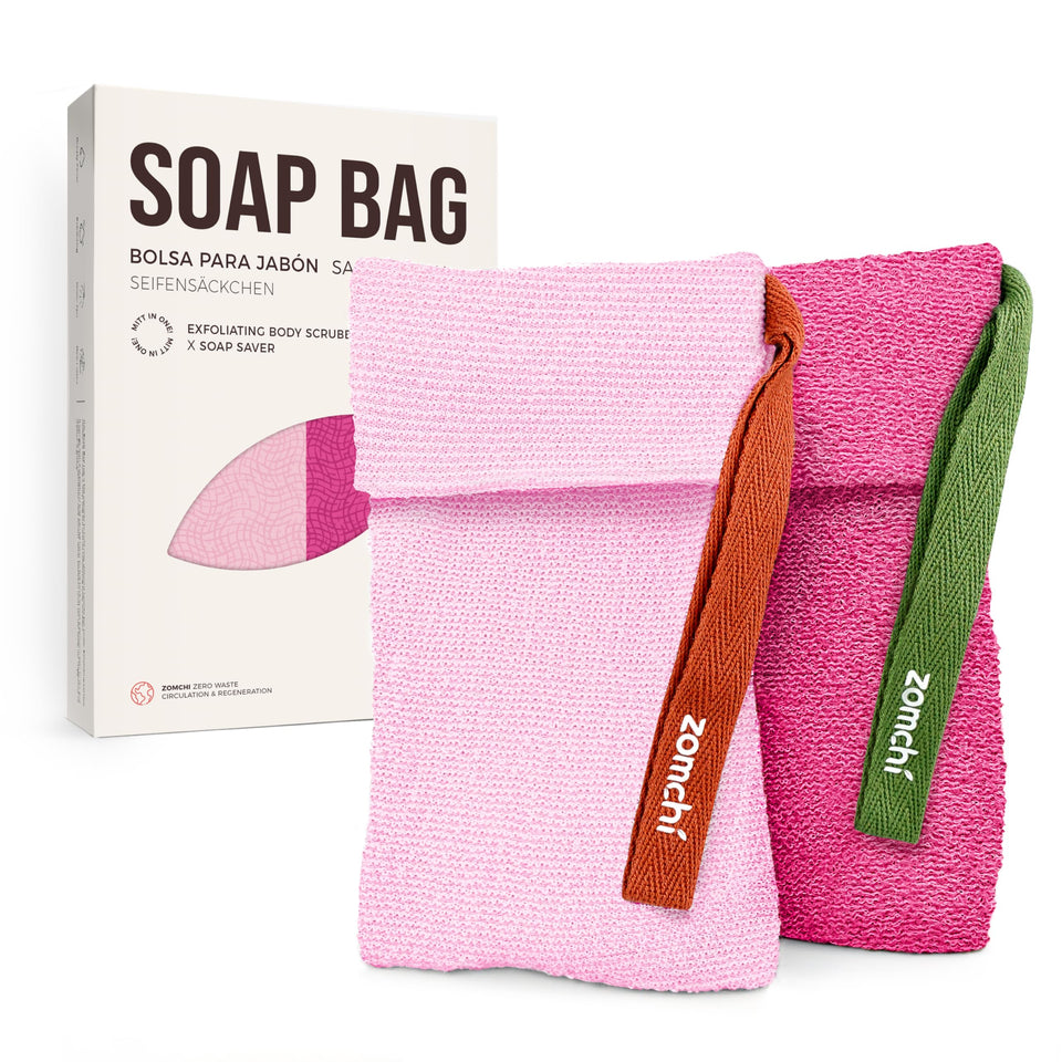 ZOMCHI pink soap bags front view showing both pouches and packaging, clear product overview