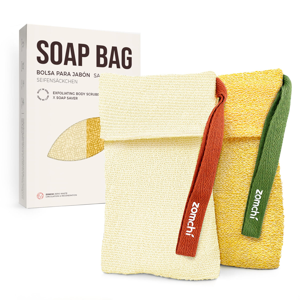 ZOMCHI front view of yellow soap bag duo showing both rough and soft pouches for tailored exfoliation
