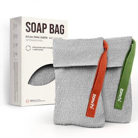 ZOMCHI front view of two grey soap saver bags showing packaging and contents benefits