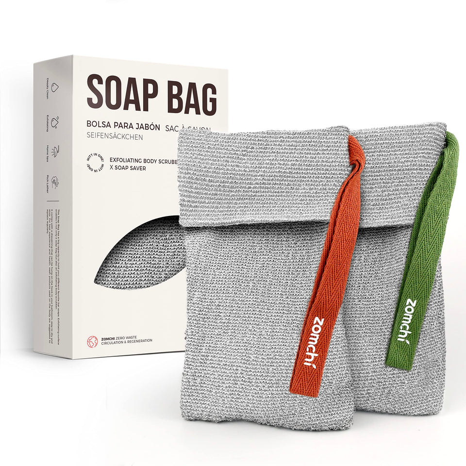 ZOMCHI front view of two grey soap saver bags showing packaging and contents benefits