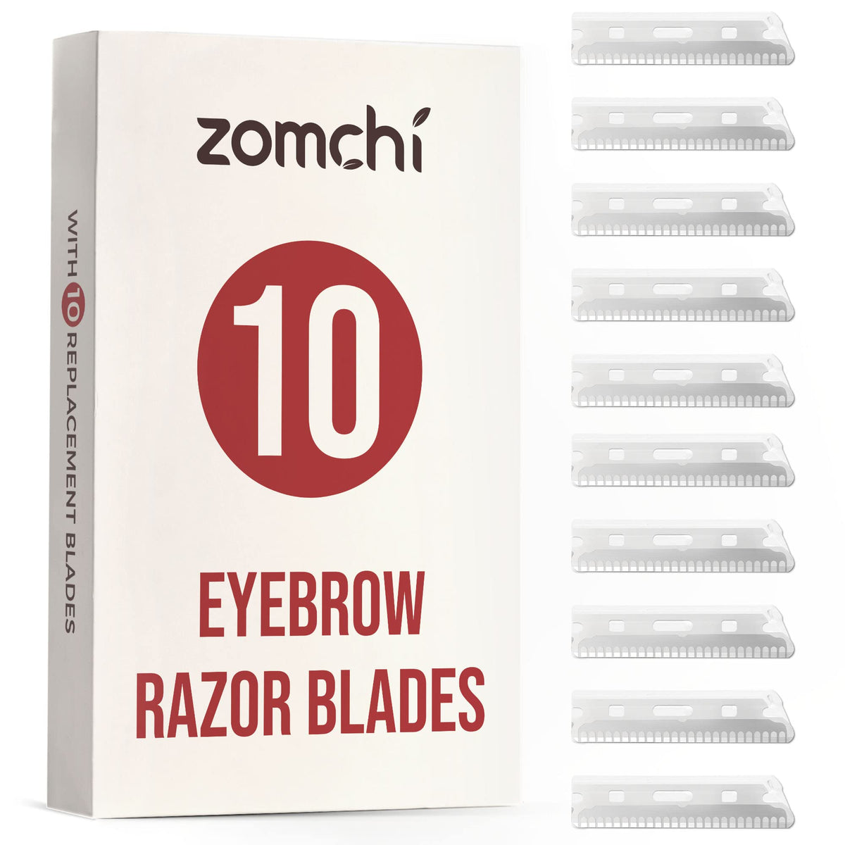 ZOMCHI front packaging showing ten replacement stainless steel blades for long-lasting sharpness