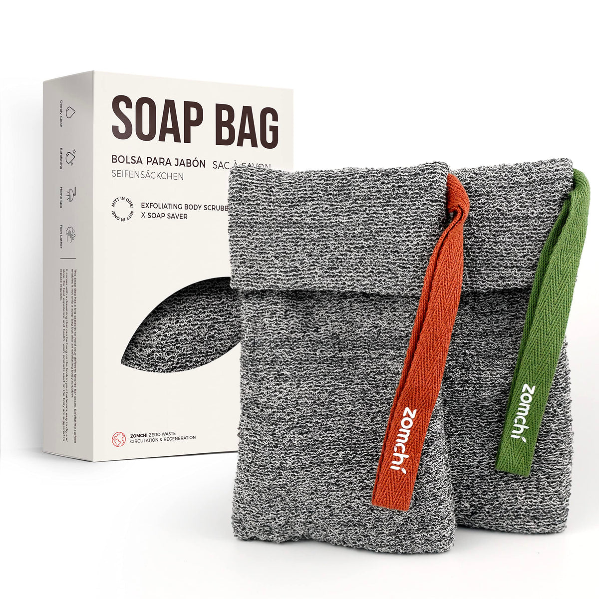 ZOMCHI front view of two grey soap saver bags showing durable design and benefit of lasting use