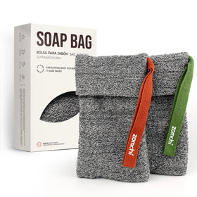ZOMCHI front view of two grey soap saver bags showing durable design and benefit of lasting use