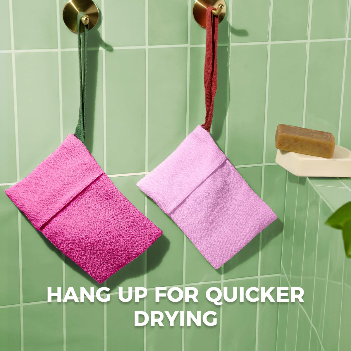 ZOMCHI soap bag hanging by loop in bathroom to dry, preventing sogginess and prolonging life