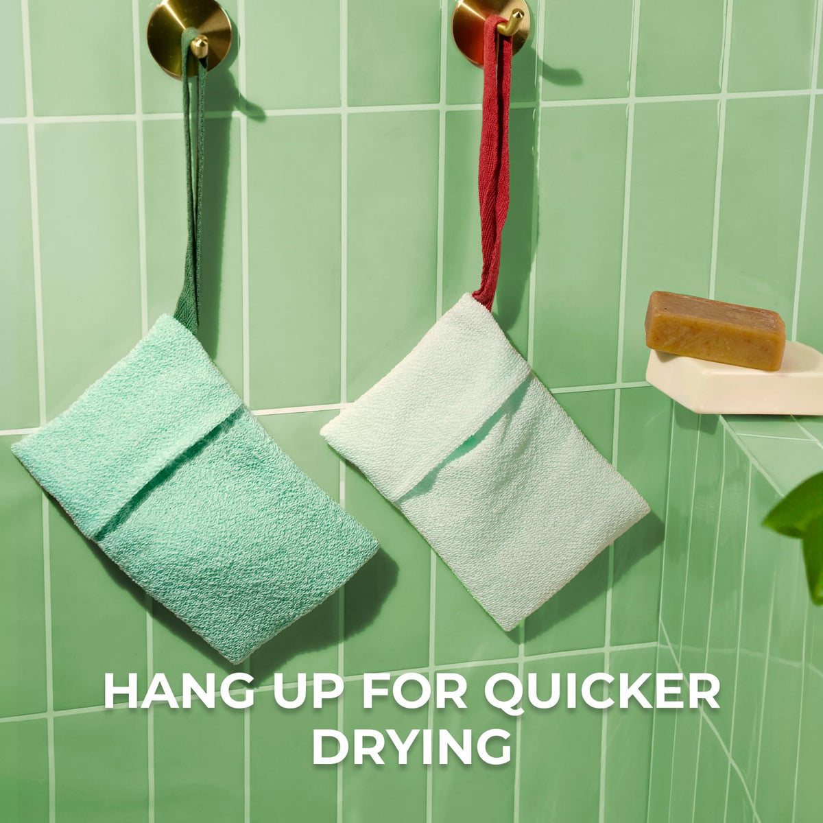 ZOMCHI mint soap bag hanging in shower showing quick-dry loop and tidy storage benefit