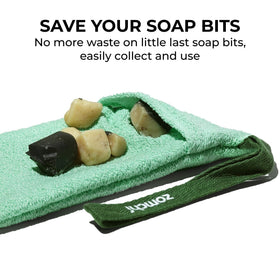 ZOMCHI soap pouch in hand demonstrating size and ease of grip for convenient use