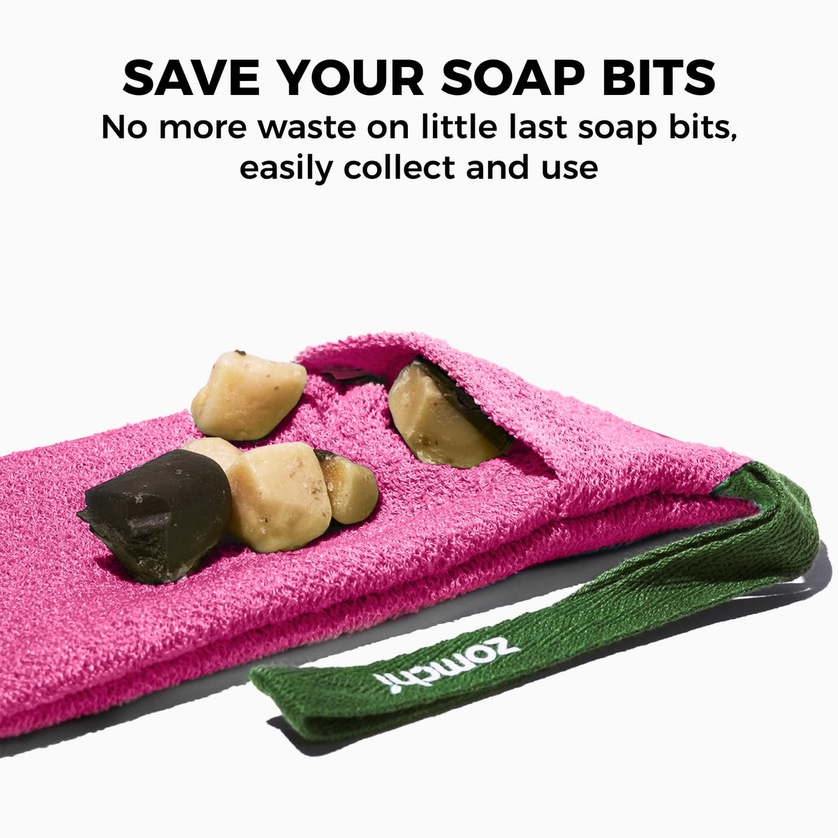 ZOMCHI soap bag in hand producing rich foam quickly for efficient soap use and lather