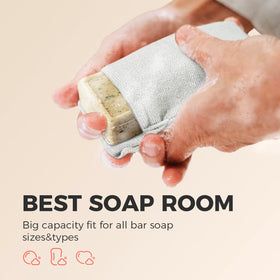 ZOMCHI pouch holding soap remnants proving soap-saving and tidy showers benefit