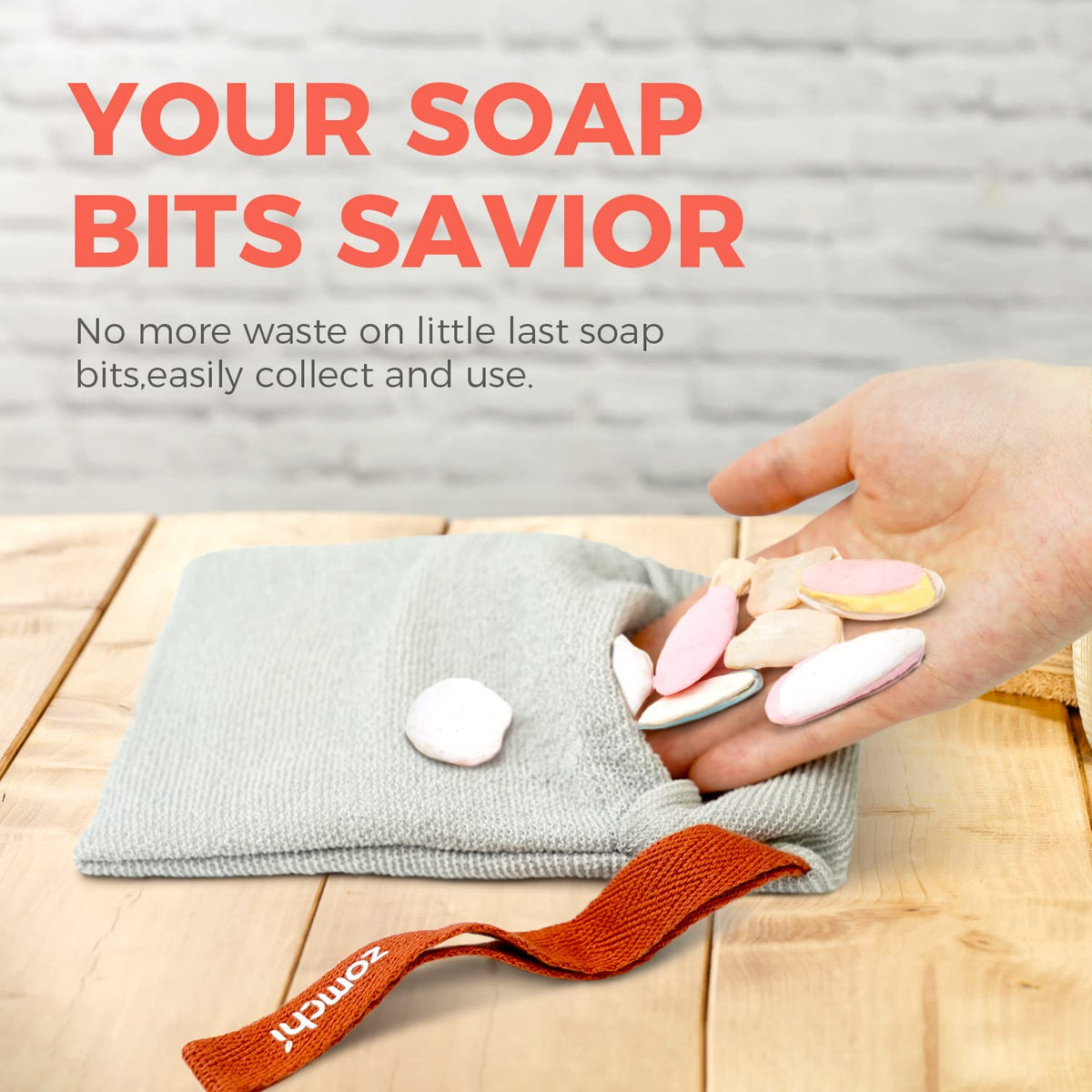 ZOMCHI palm holding soap pouch with bar showing secure grip and easy foaming