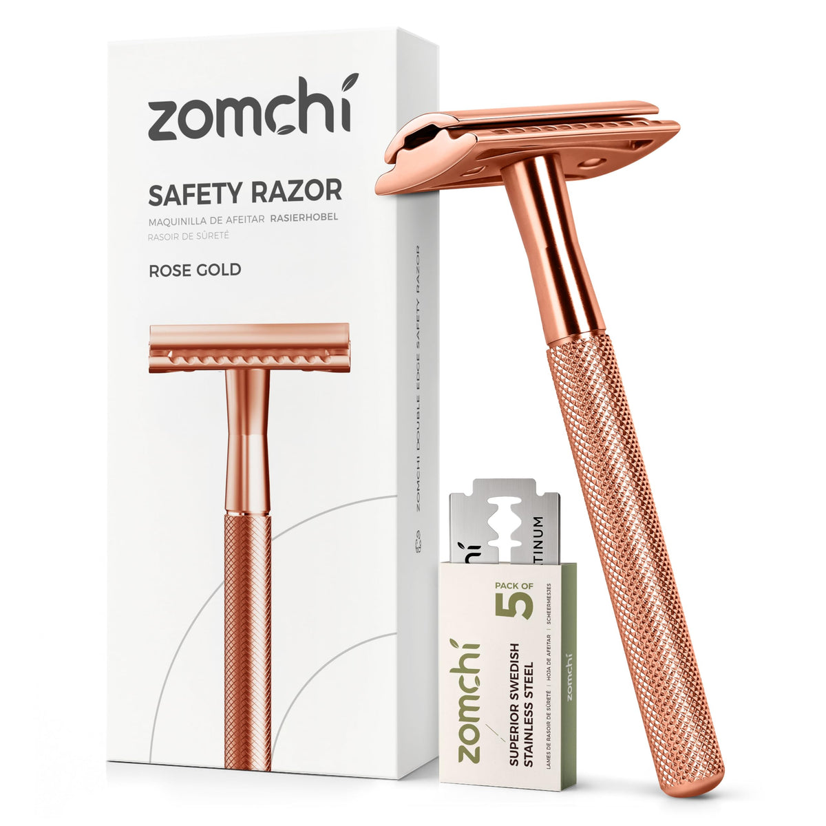 ZOMCHI rose gold razor front view showing sleek profile and performance