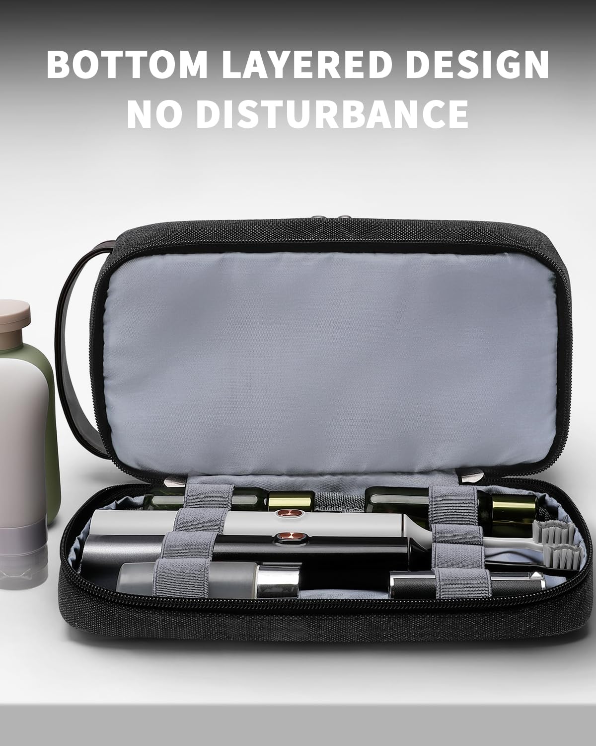 ZOMFELT top open layout showing organized bottles and quick access