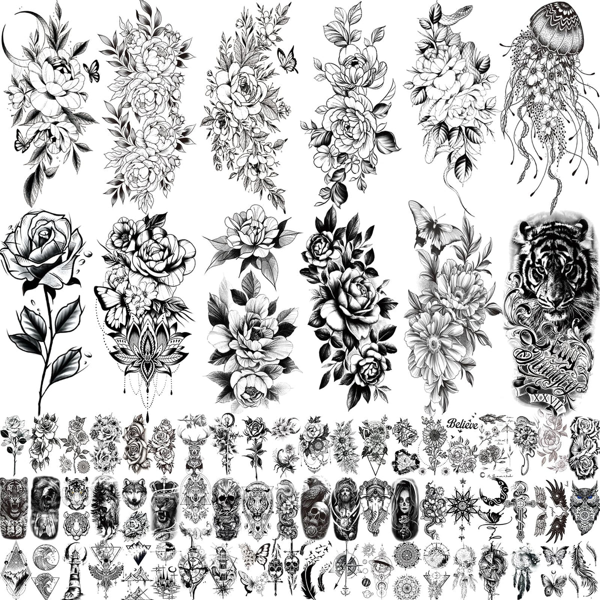 Zomme front packaging showing 82-sheet tattoo set, clear organization and variety