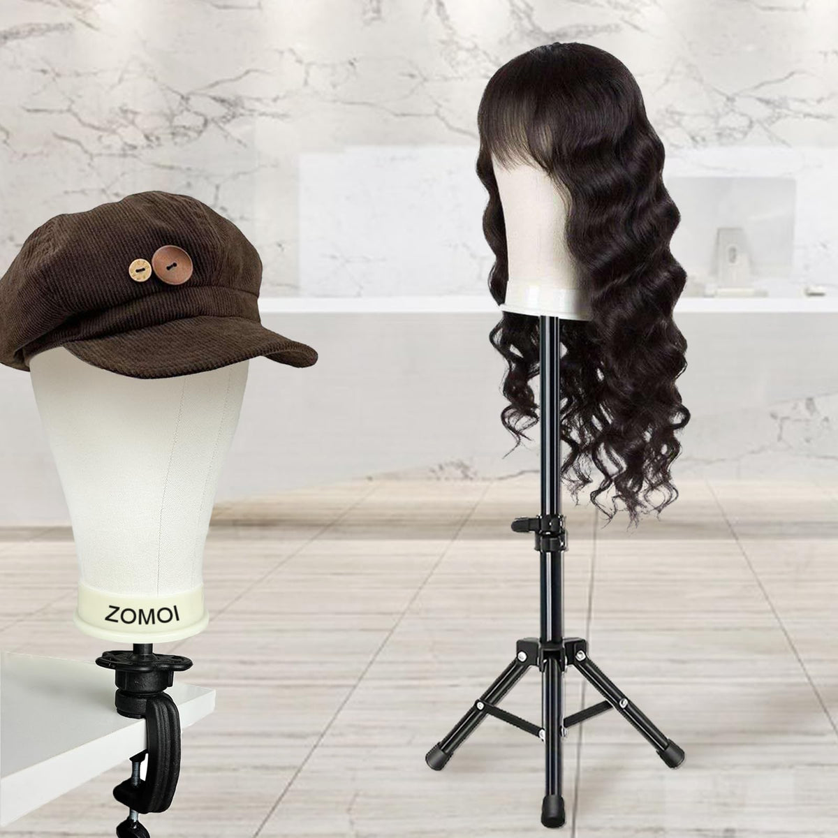 ZOMOI mannequin mounted on adjustable tripod for comfortable styling and cutting