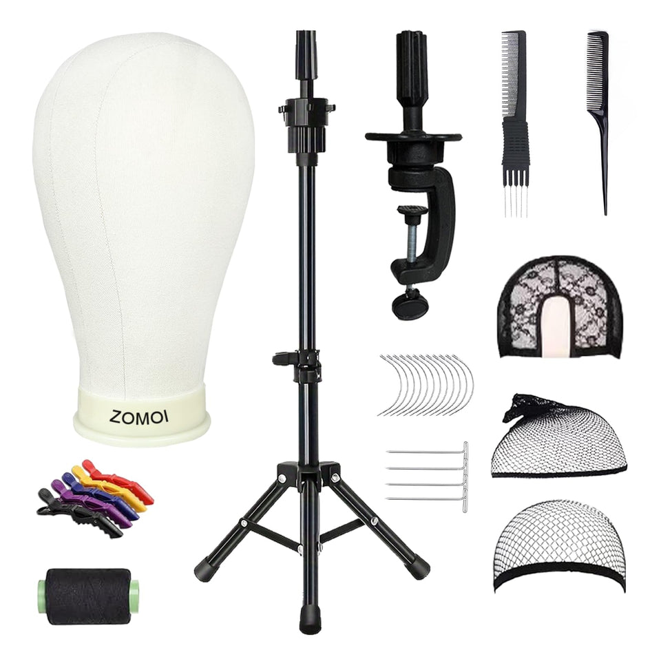 ZOMOI front view of full wig head kit showing included tools and stand for instant setup