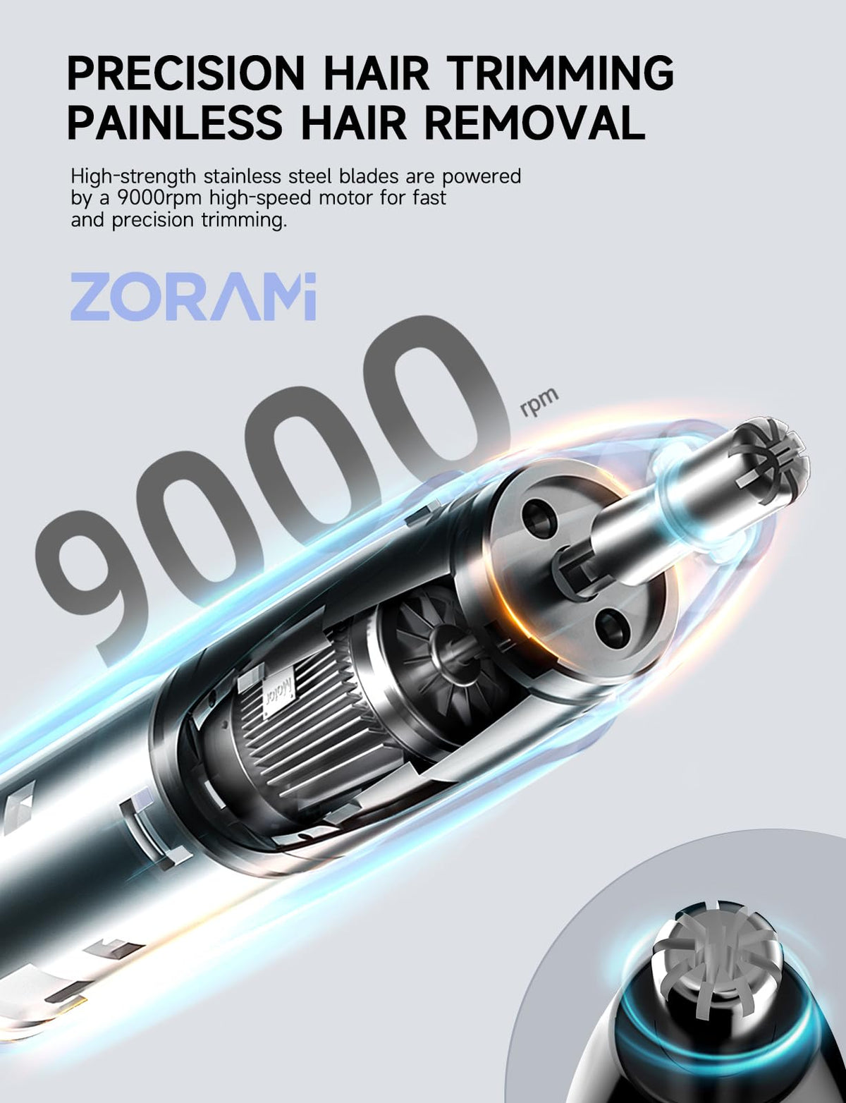 ZORAMI trimmer held in hand to show scale for travel convenience