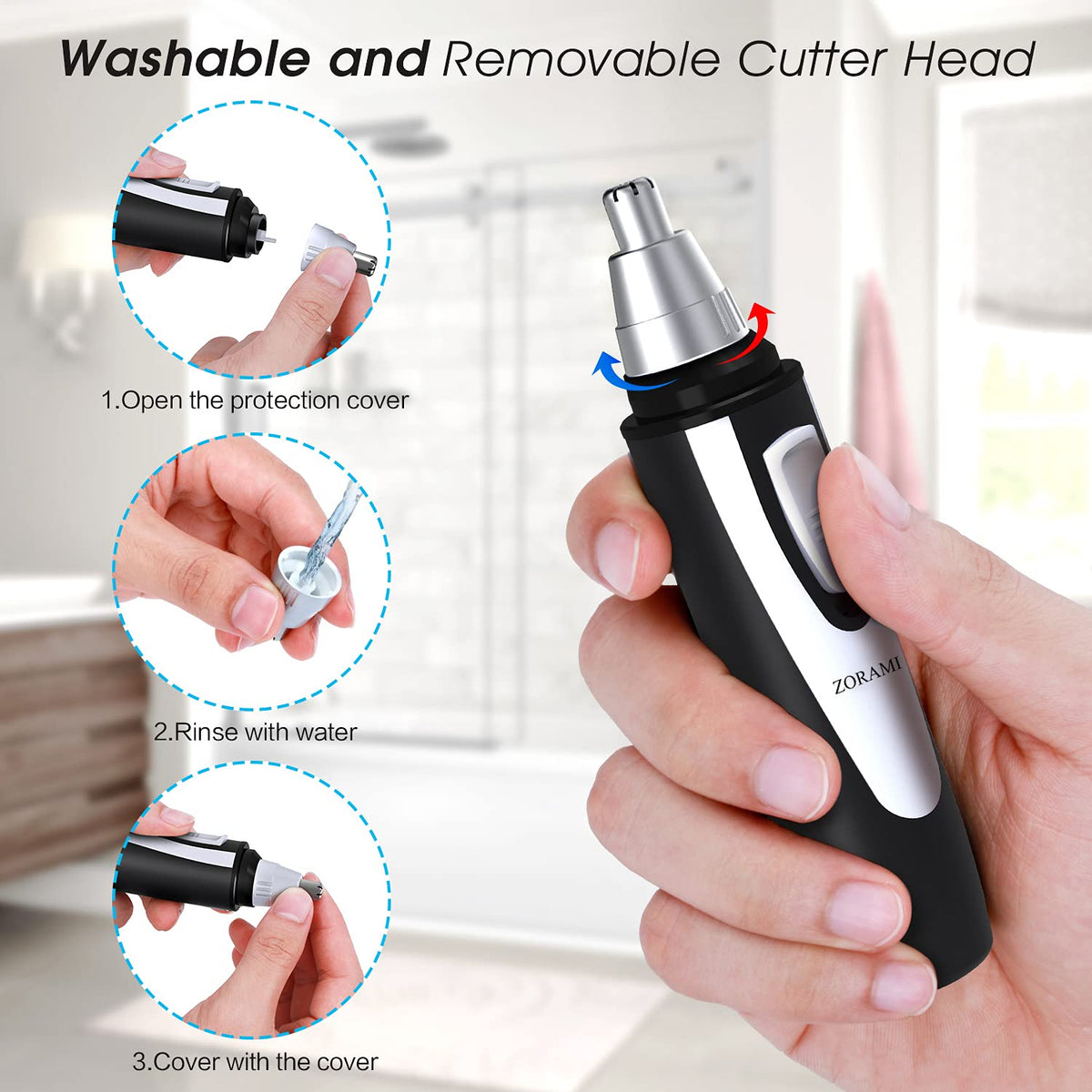 ZORAMI trimmer being used in shower highlighting IPX7 waterproof convenience