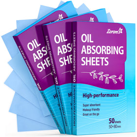 ZOROM'S front packaging showing compact blotting paper dispenser and branding benefit
