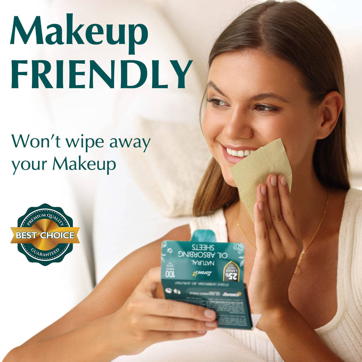 ZOROM'S blotting sheet in use on forehead to remove shine