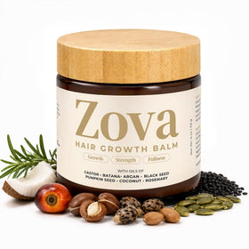 Zova Hair balm jar front view showing product branding and size benefit visibility