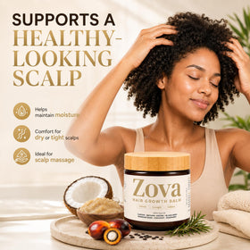 Zova Hair balm warmed on fingers demonstrating easy application and absorption