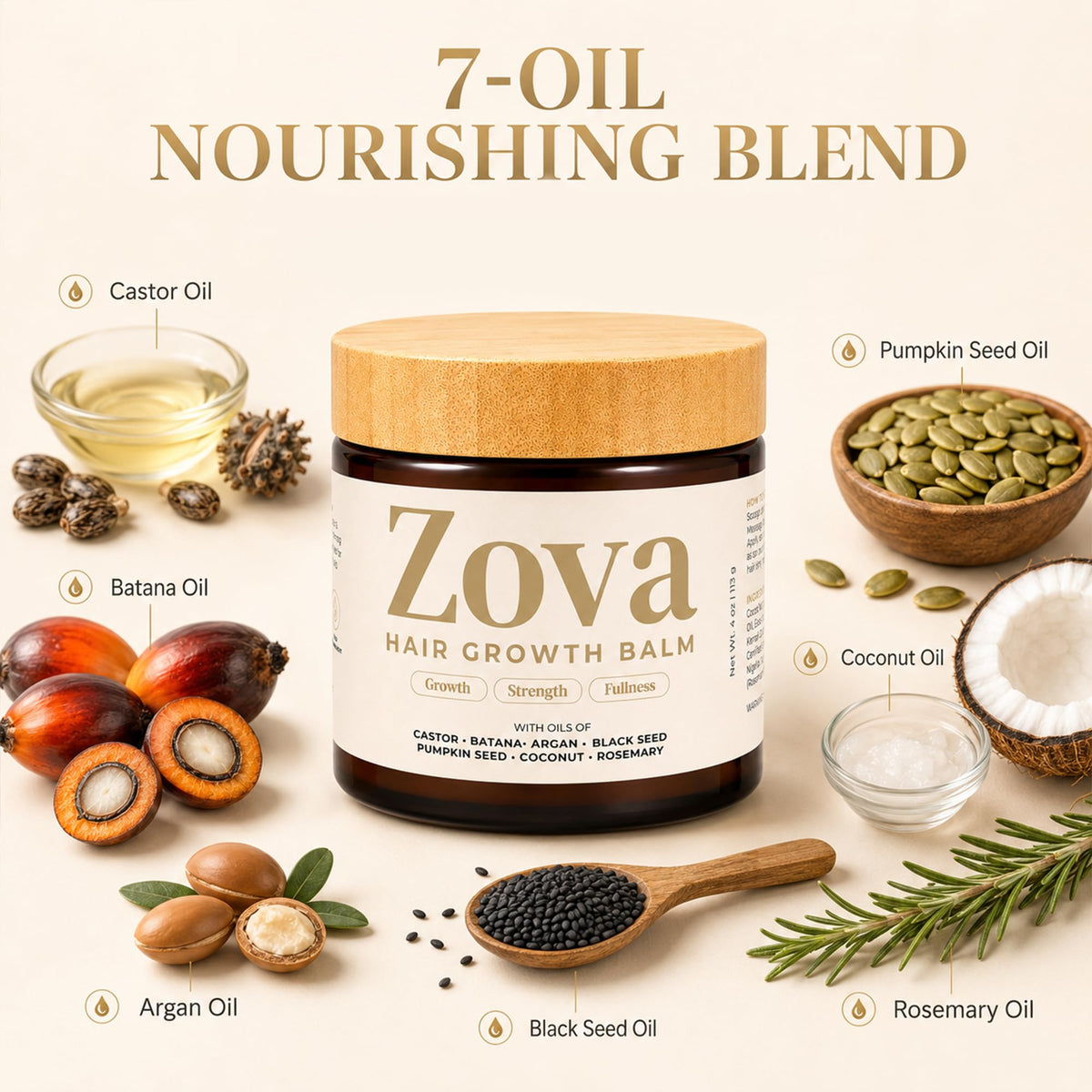 Zova Hair balm with listed botanical oils showing natural blend benefits