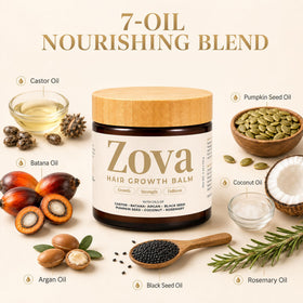 Zova Hair balm with listed botanical oils showing natural blend benefits