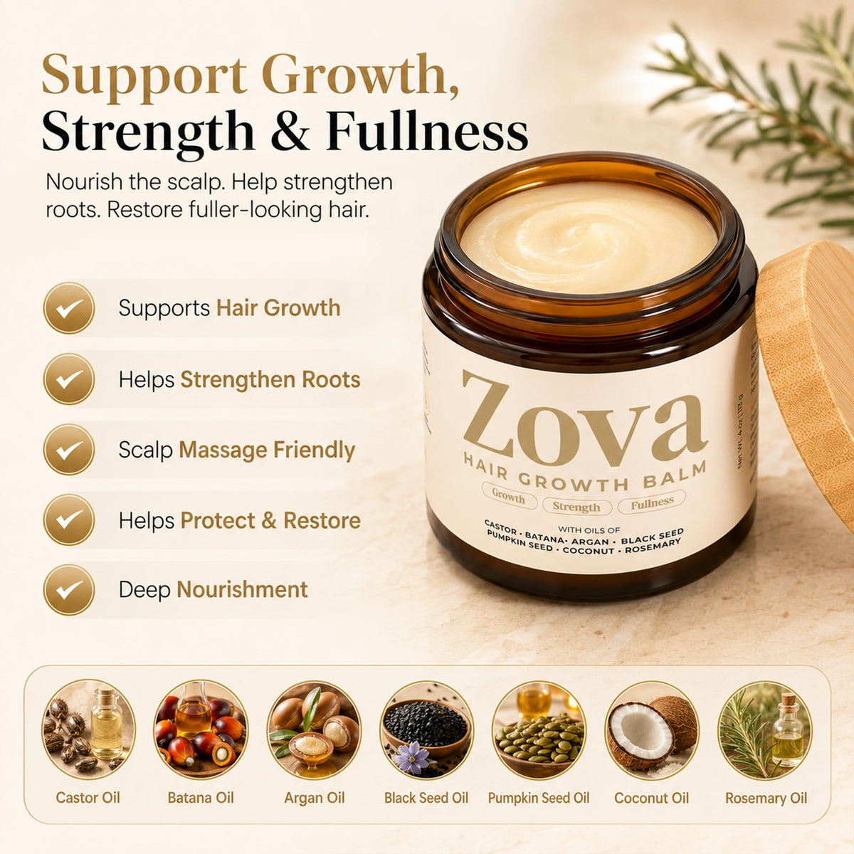 Zova Hair balm open jar close-up texture showing smooth balm turning to oil