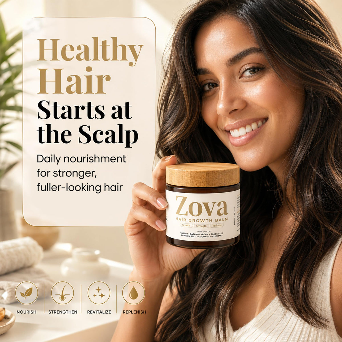 Zova Hair balm being massaged into scalp showing nourishing treatment benefits