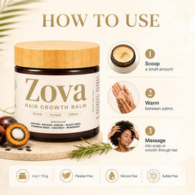 Zova Hair balm small dab on palm showing controlled dosing and non-greasy finish