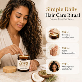 Zova Hair balm applied to styled hair highlighting improved shine and manageability