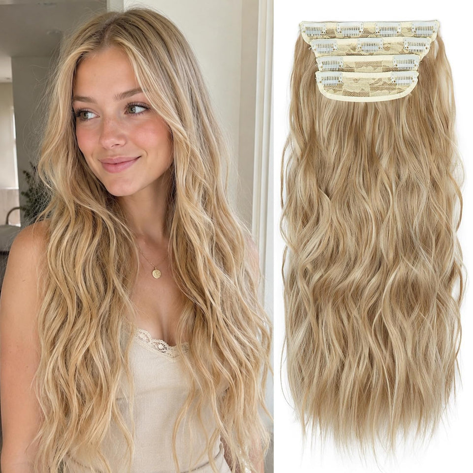 ZQIAN BEAUTY front packaging showing 20 inch curly blonde clip-ins for easy styling