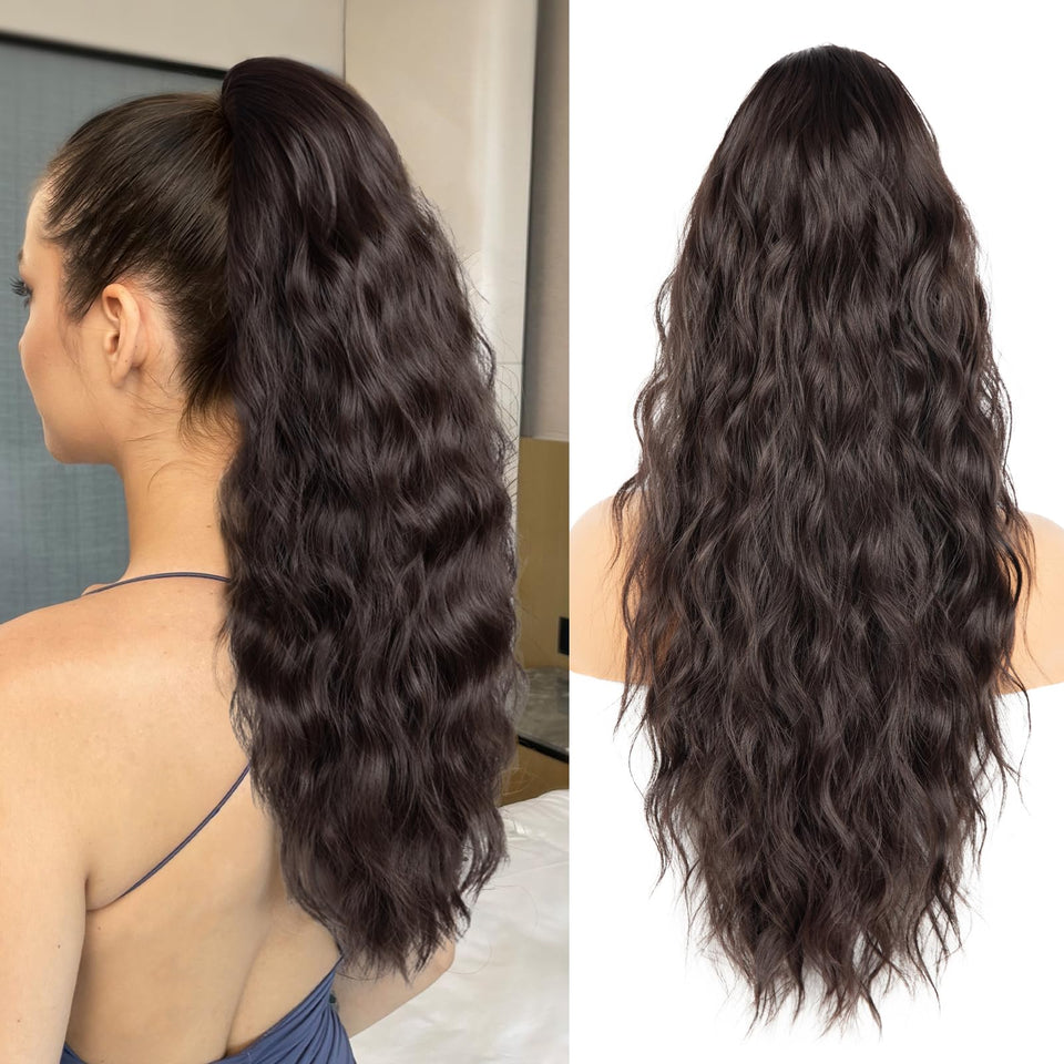 ZQIAN BEAUTY front view of packaged 26 inch dark brown ponytail extension showing length