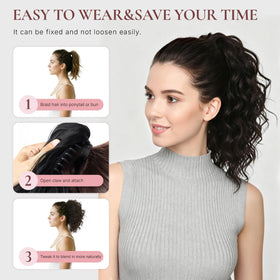 ZQIAN BEAUTY model wearing high ponytail extension showing bouncy curls and style