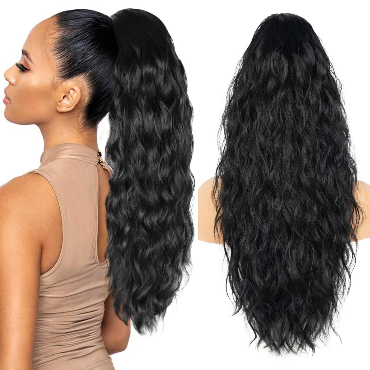 zqian beauty front view of 26 inch black drawstring ponytail offering instant length