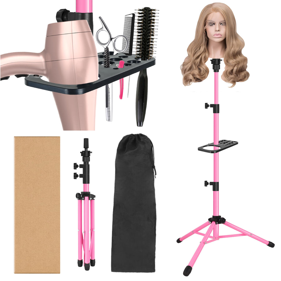 ZQIAN BEAUTY front view of pink metal wig stand shows stable support