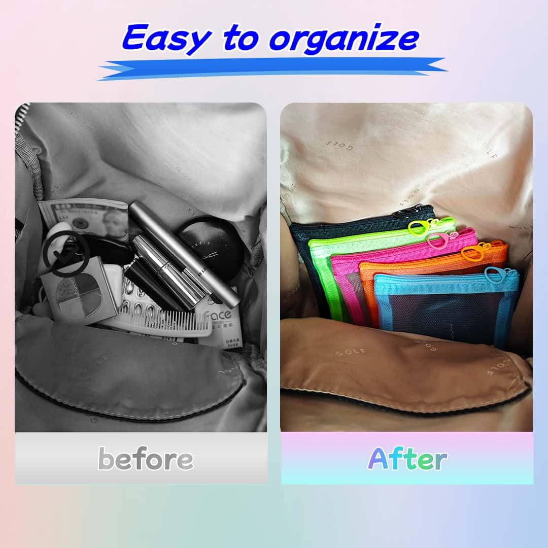 ZSlactp five colorful pouches flat lay showing easy color-coded organization benefit