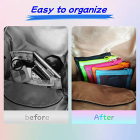 ZSlactp five colorful pouches flat lay showing easy color-coded organization benefit
