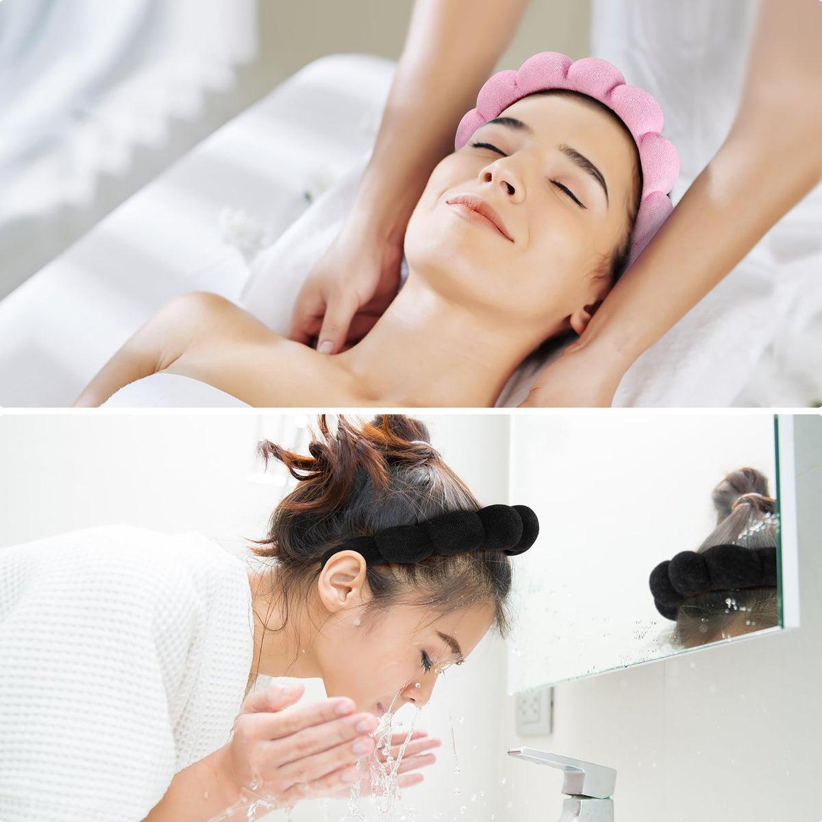 Ztomine headband in use during face wash keeping hair away and protected