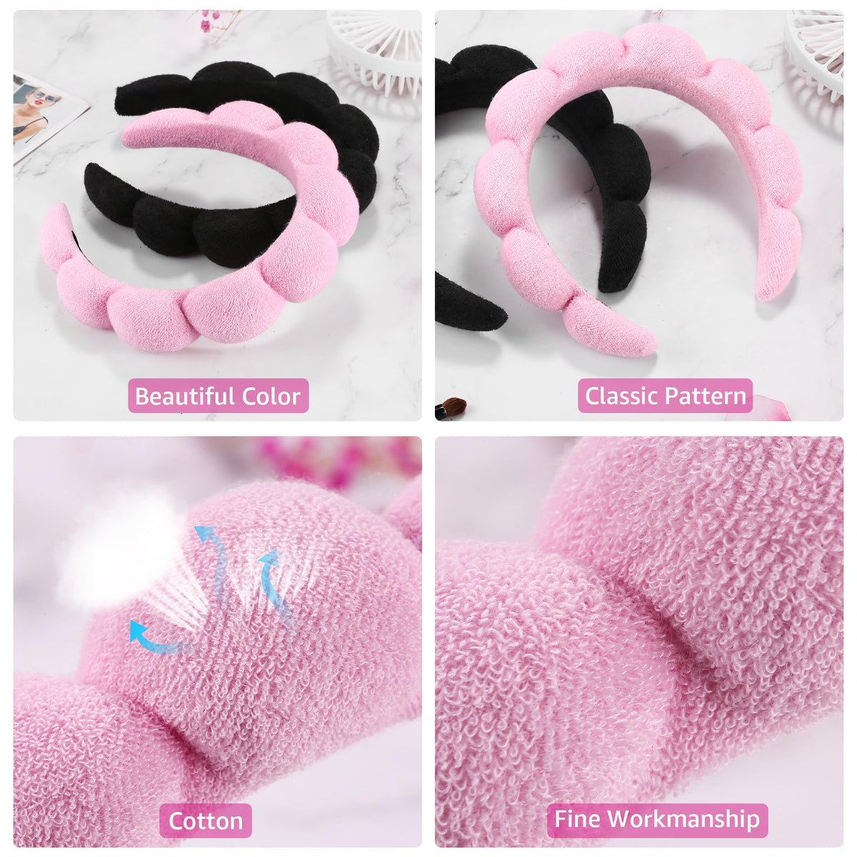 Ztomine headband worn while applying makeup for a clean forehead workspace