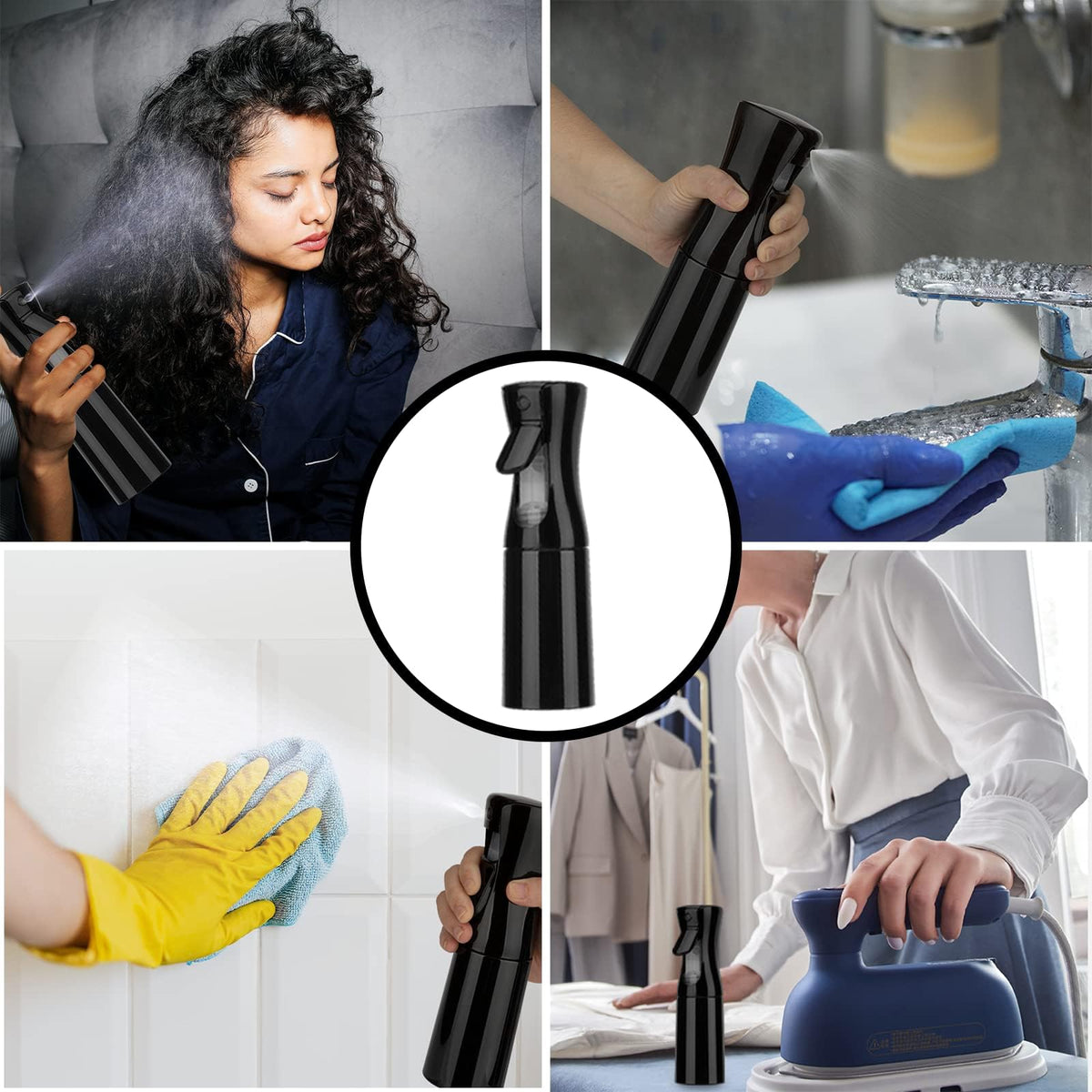 Zuhose spraying fine mist onto hair for even hydration and styling control