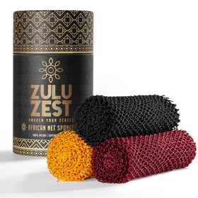 ZULU ZEST front packaging showing three colored net sponges and durable design