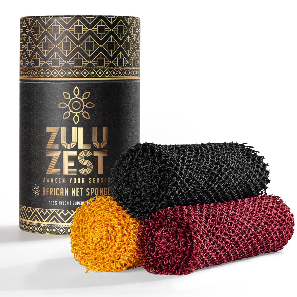 ZULU ZEST front packaging showing three colored net sponges and durable design