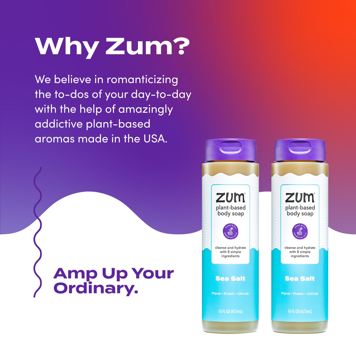 Zum sea salt shower use lifestyle scene showing refreshing scent and daily use benefit