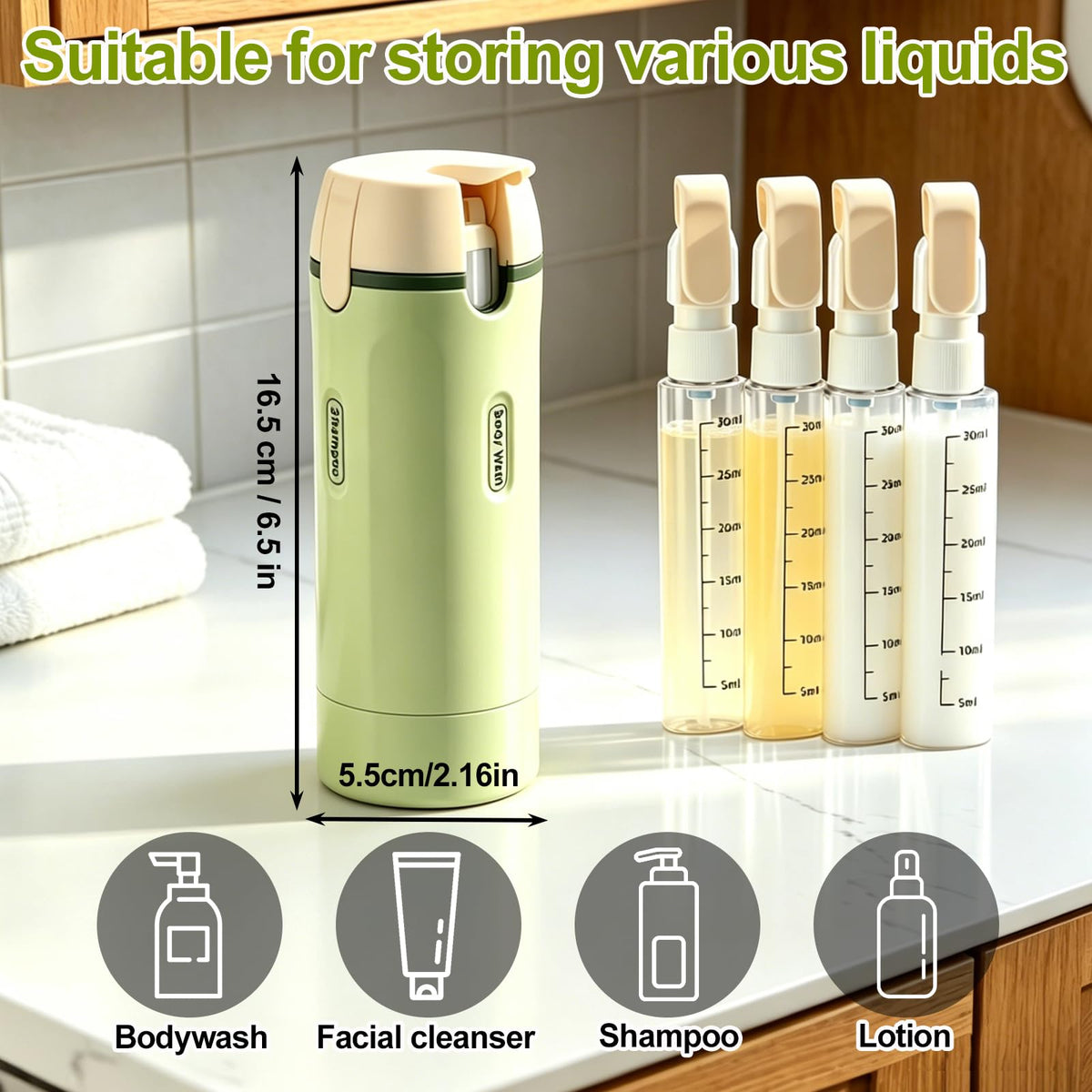ZXAPJJD dispenser in shower demonstrating secure one-handed use and travel convenience benefit