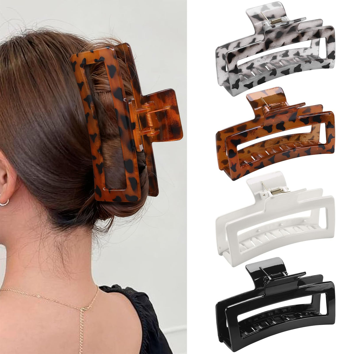 ZYTJ front view of 4-pack claw clips showing leopard and glossy finishes for versatile styling
